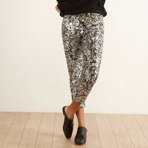The Odells Women's Silver & Black Sequin Cropped Pull On Pascaline Pants Small